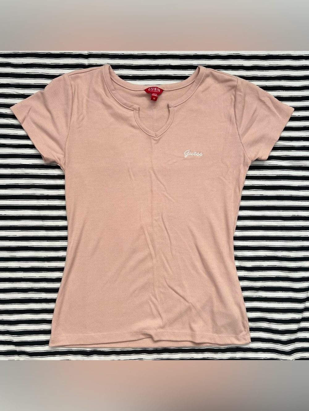 Guess Ribbed Short-Sleeve Tee in Light Pink